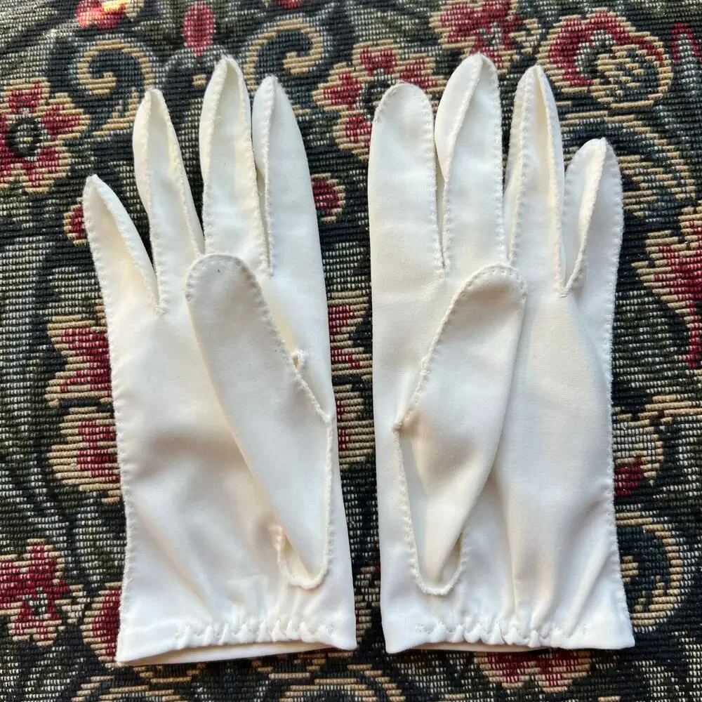 Vintage 1950s White Cotton Dress Gloves Pearl Detail Formal Church Mid Century